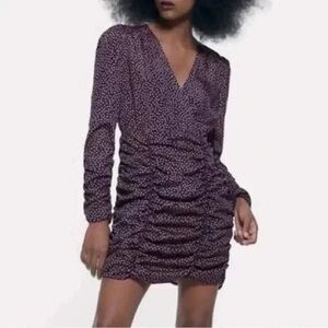 Zara 💜 print long sleeve ruched mini dress